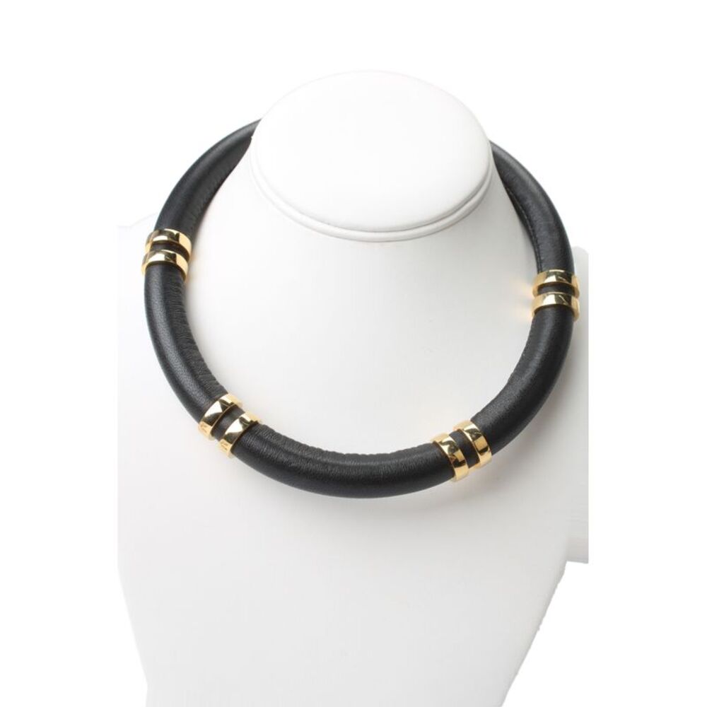 Lizzie Fortunato Womens Gold Tone Black Leather Double Take Necklace 18"